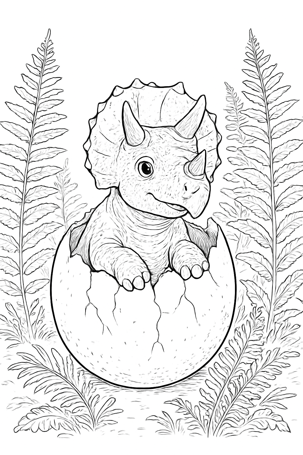 Detailed hatching triceratops coloring page featuring a baby dinosaur in a nest.