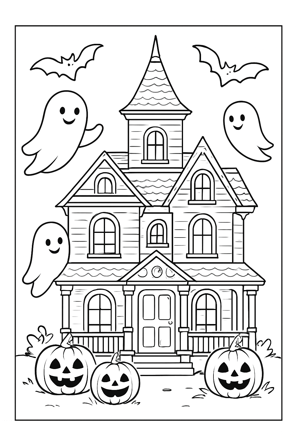 A whimsical haunted house coloring page with friendly ghosts and pumpkins.