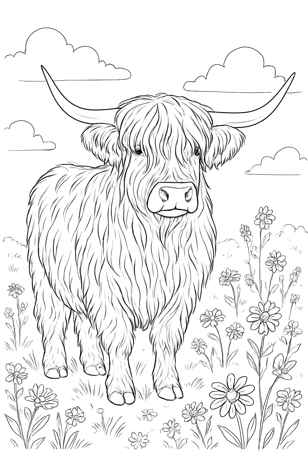 A realistic highland cow coloring page featuring shaggy fur and a peaceful meadow setting.