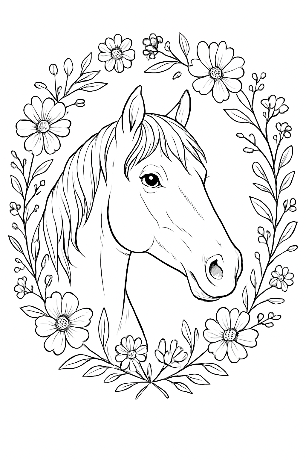 A detailed horse wreath coloring page featuring a realistic horse head surrounded by blooming garden flowers.