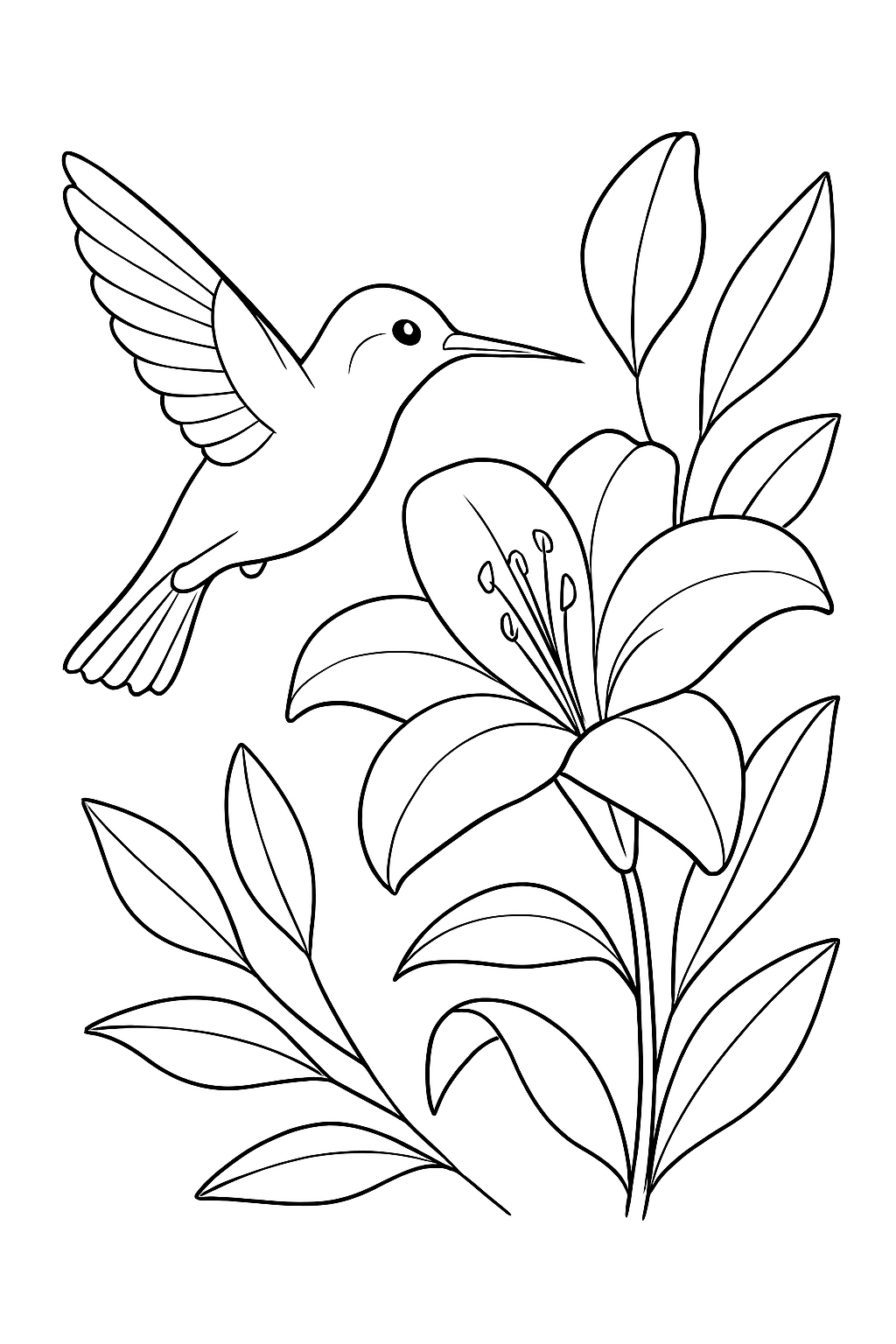 A hummingbird hovering by a flower on this printable hummingbird coloring page.