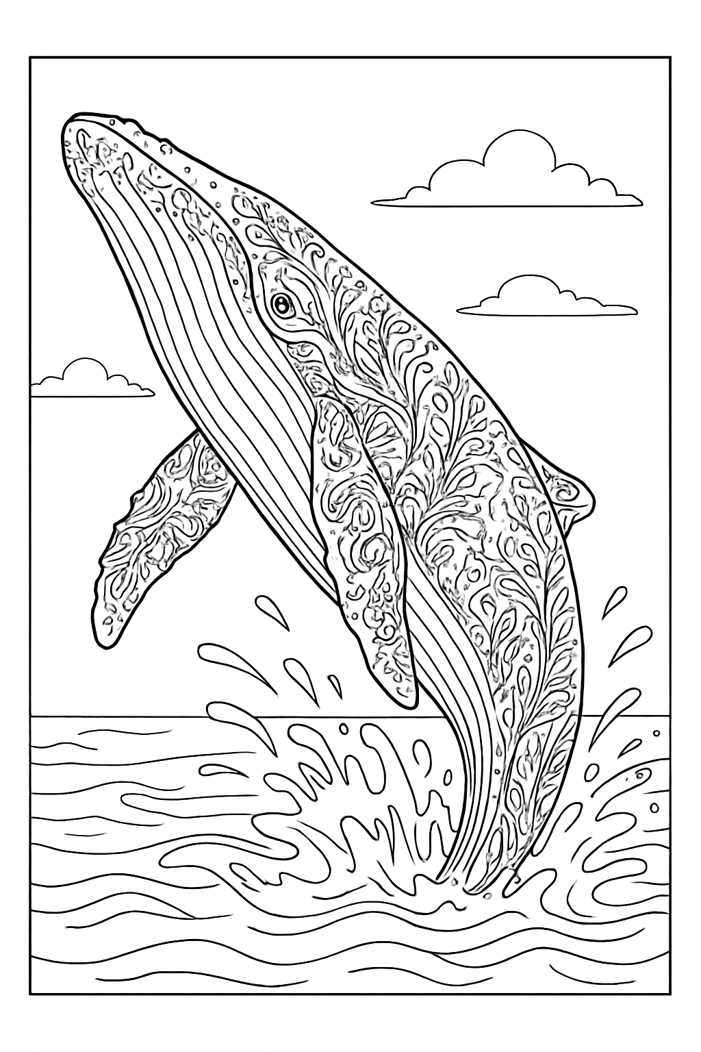 Detailed humpback whale coloring page featuring artistic coral patterns and clean line art.