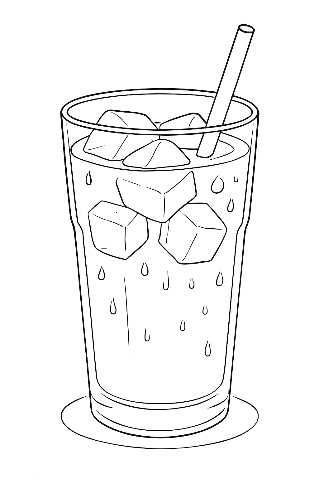 Detailed iced coffee coloring page featuring a tall glass with ice cubes and a straw.