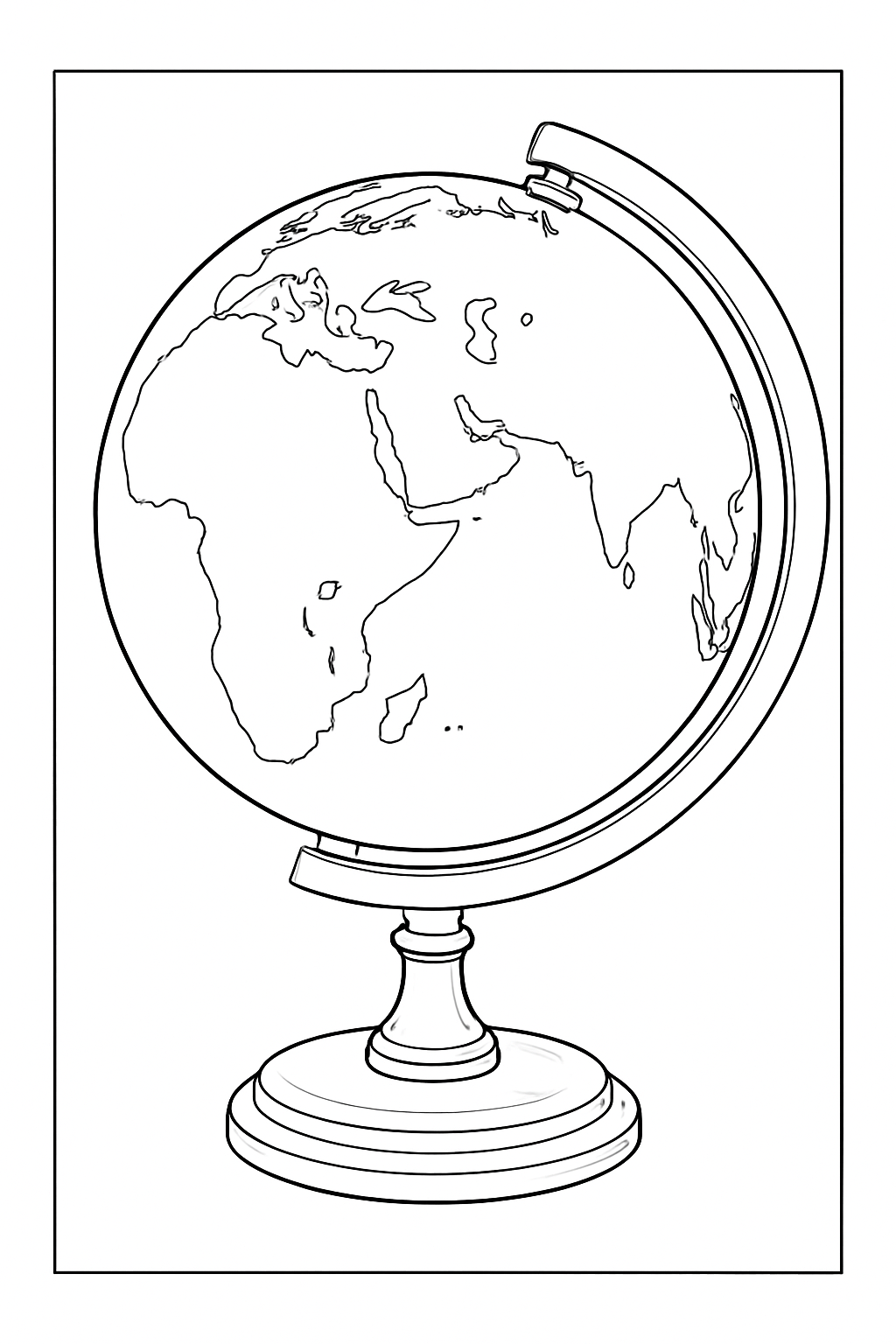 A detailed illustrated globe coloring page featuring clear continent outlines and a professional wooden stand.