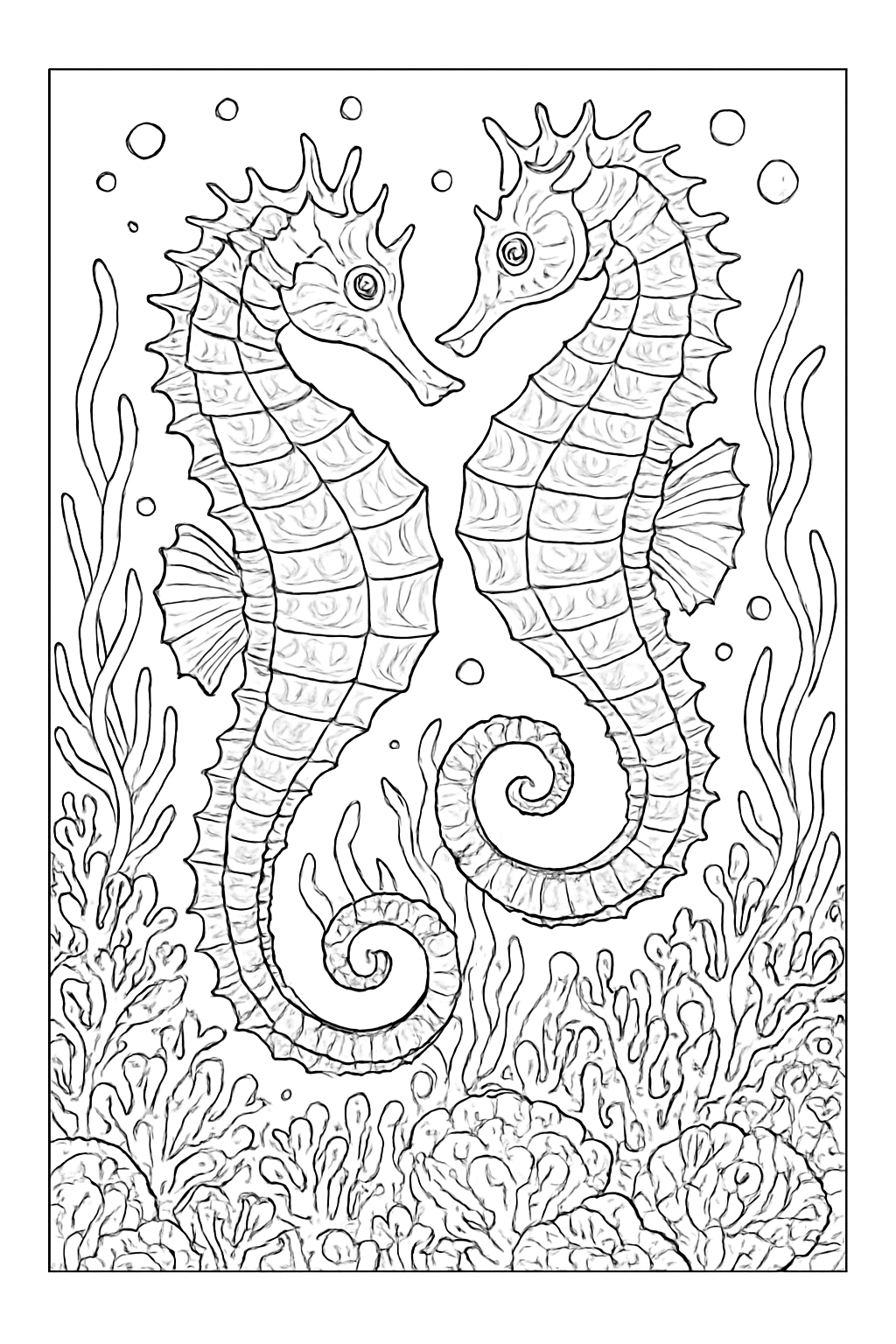 Highly detailed seahorse coloring page with intricate coral reef patterns and floating bubbles.