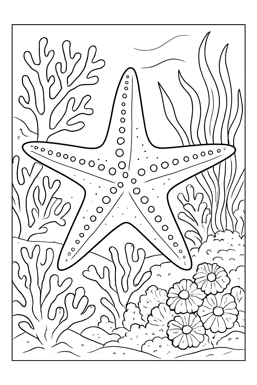 Detailed black and white illustration of a starfish for a starfish coloring page.