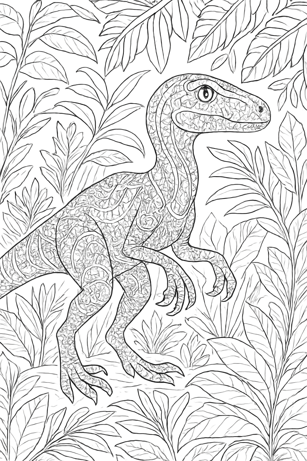 Detailed velociraptor coloring page with ornate jungle patterns and clean bold lines.