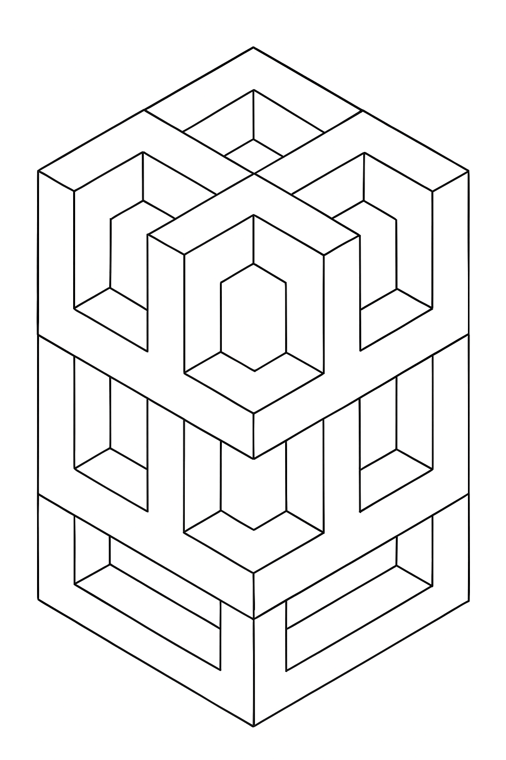 A complex isometric 3D cube stack geometric optical illusion coloring page with thick clean lines.