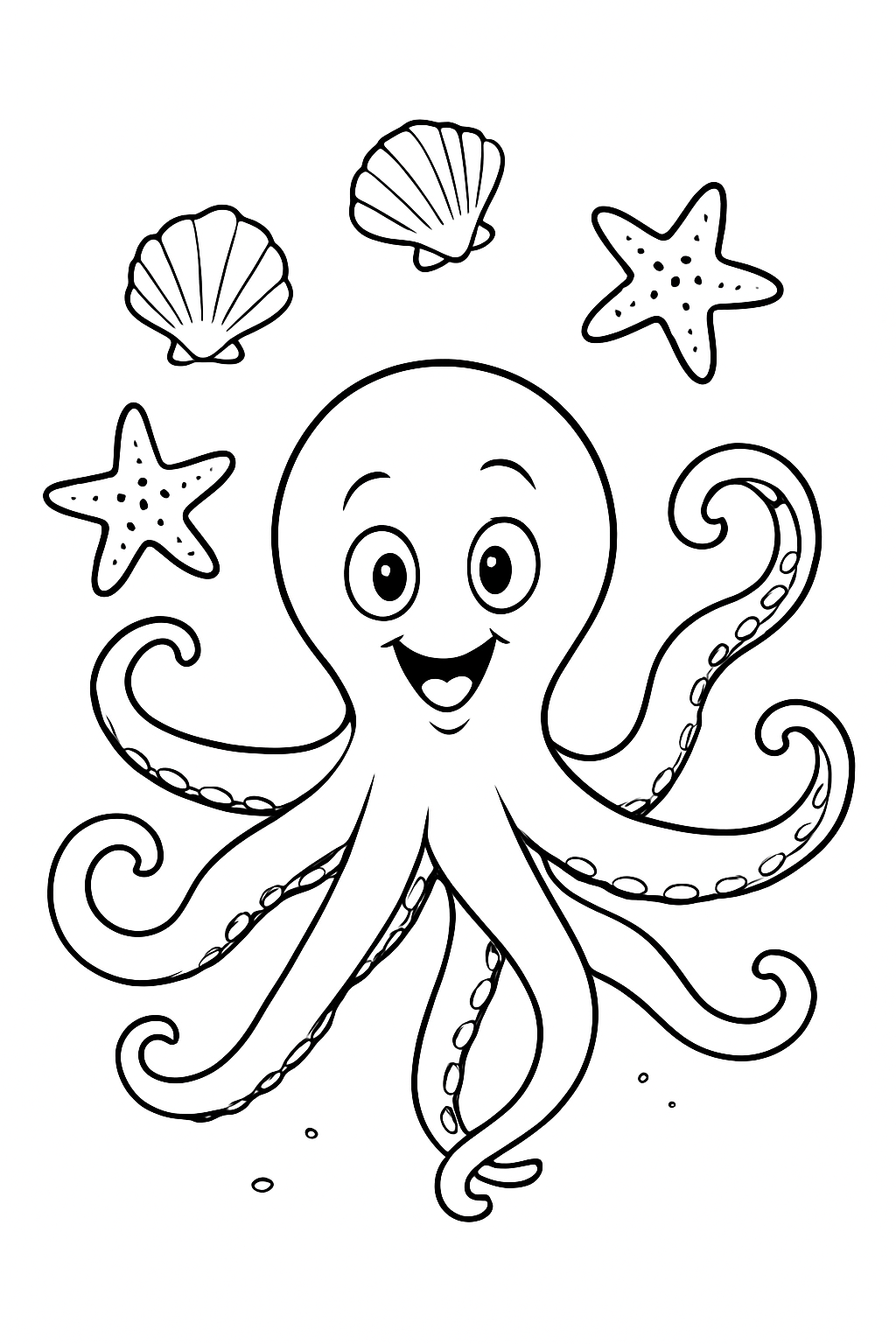 A smiling octopus juggling seashells and starfish in this juggling octopus coloring page.