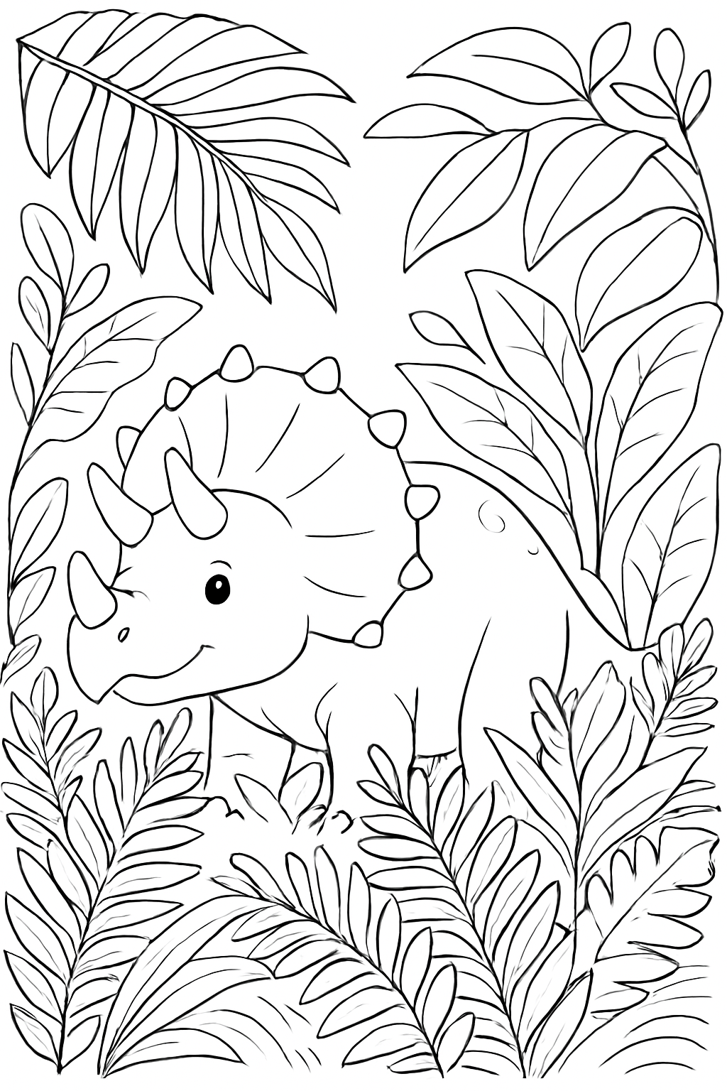 A friendly triceratops in a leafy jungle on a printable jungle dinosaurs coloring page.