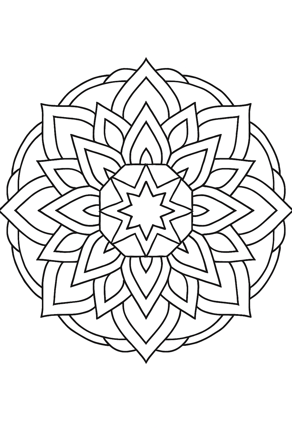 A symmetrical star geometric mandala coloring page with clean bold lines.