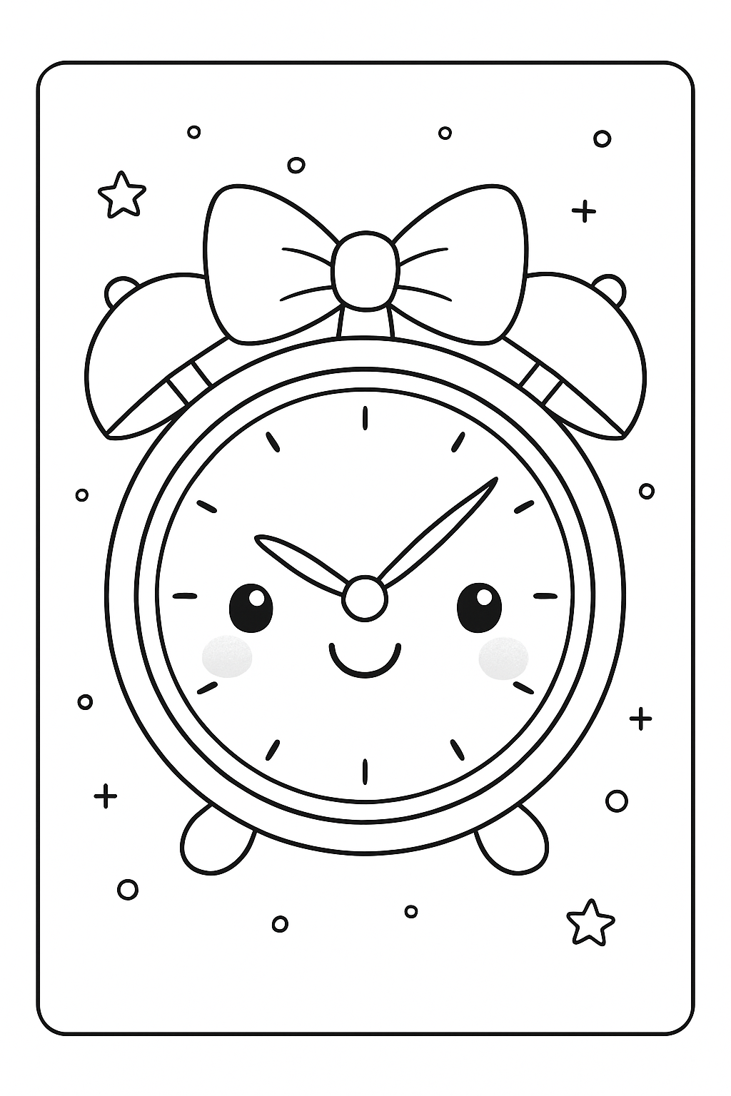 A cheerful, cute alarm clock coloring page with a big smile and simple patterns.