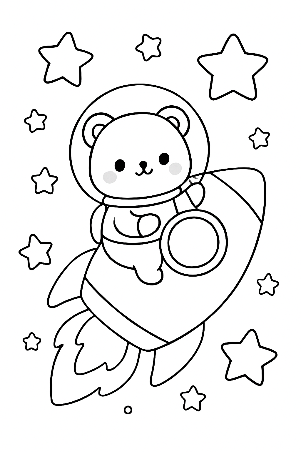 A cute bear pilot inside a friendly rocket ship for an astronaut rocket coloring page.