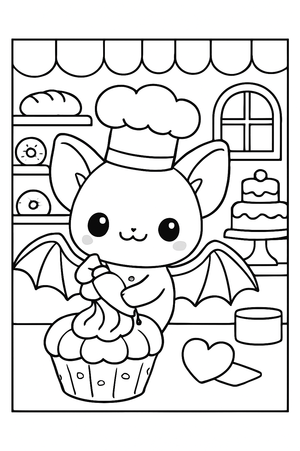 A cute bat wearing a chef hat decorating a cupcake on this kawaii bat bakery coloring page.