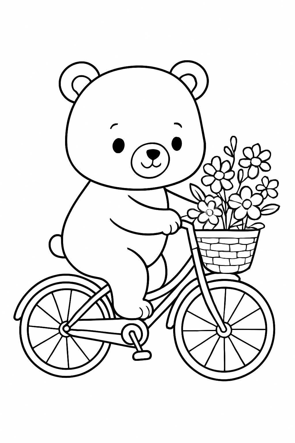 A happy bear riding a vintage bike in a cute bicycle coloring page.