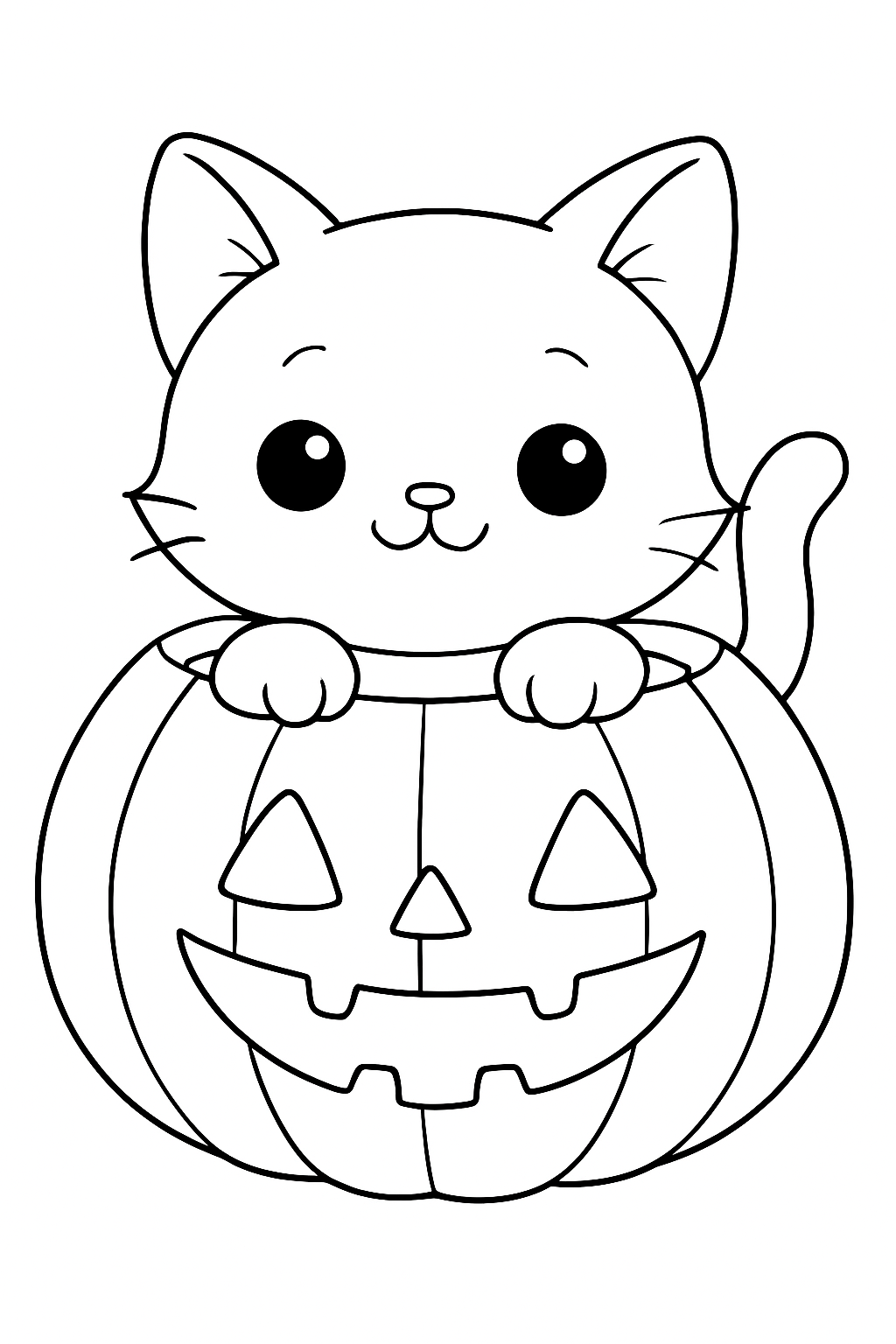 A cute kitten peeking out of a smiling jack-o'-lantern in a simple cute kitten pumpkin coloring page design.