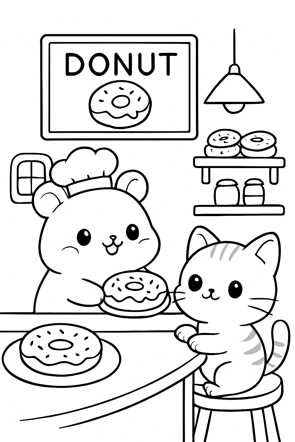 Kawaii donut cafe coloring page featuring a cute hamster chef serving donuts to a kitten.