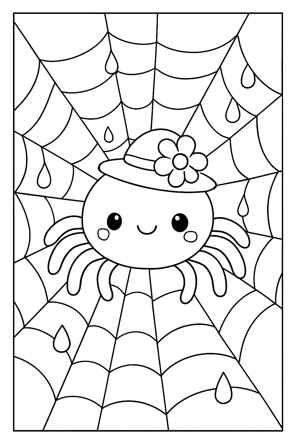 A cute spider wearing a flower hat in a garden on a clean, simple cute spider coloring page.