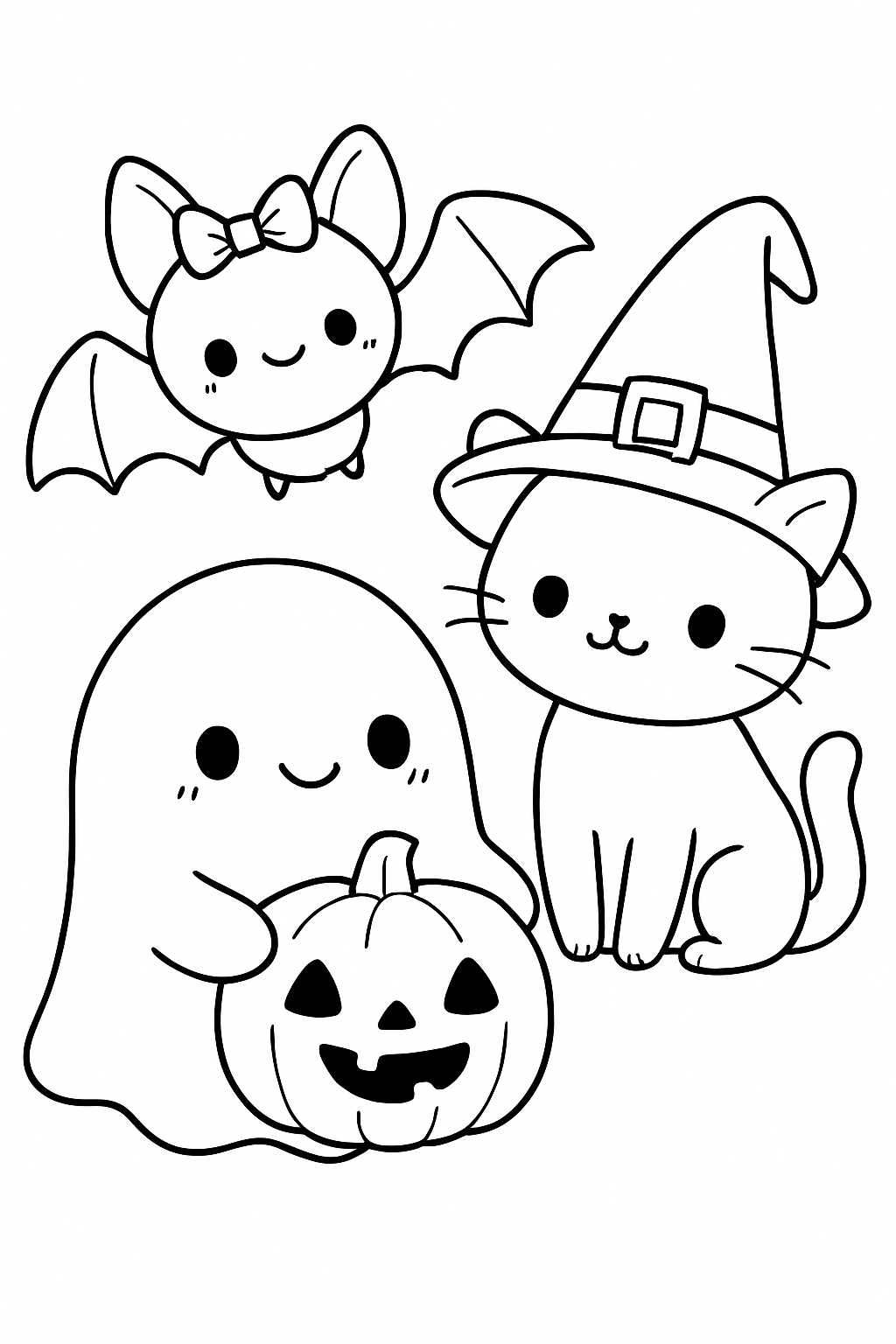 A cute halloween coloring page featuring a friendly ghost, a tiny bat, and a cat wearing a witch hat.
