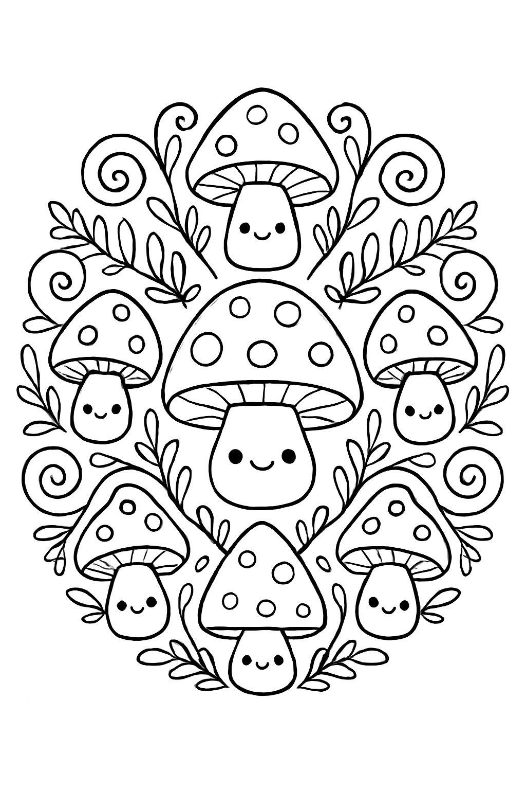 A beautiful mushroom mandala coloring page featuring cute forest fungi and ferns.