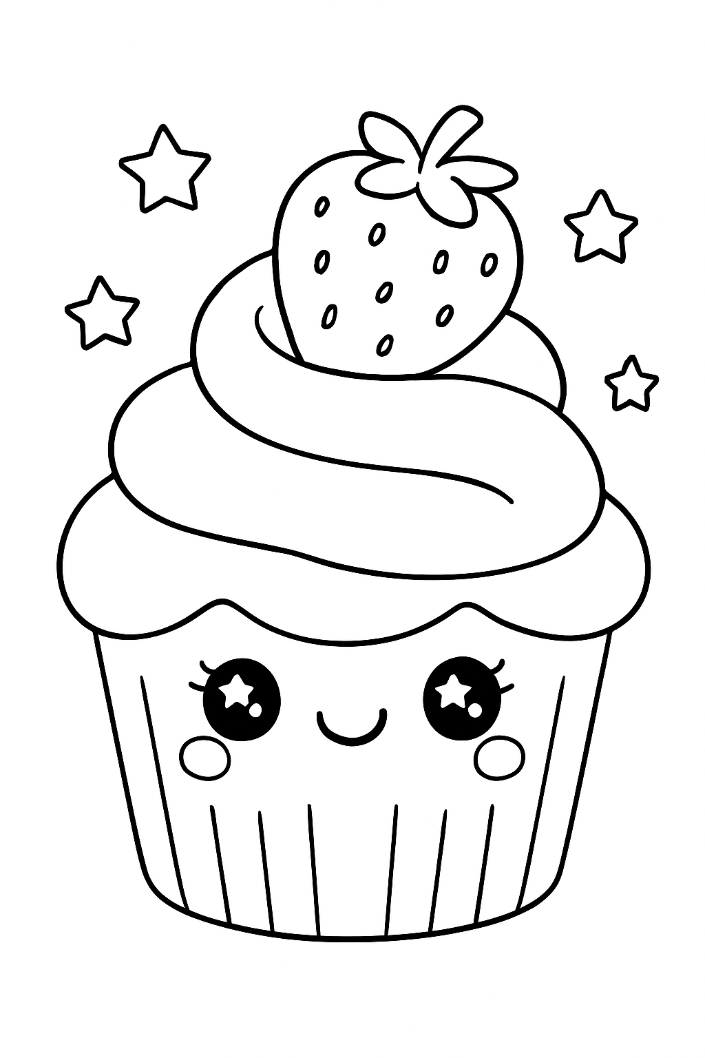 A cute smiling cupcake illustration on a kawaii cupcake coloring page.