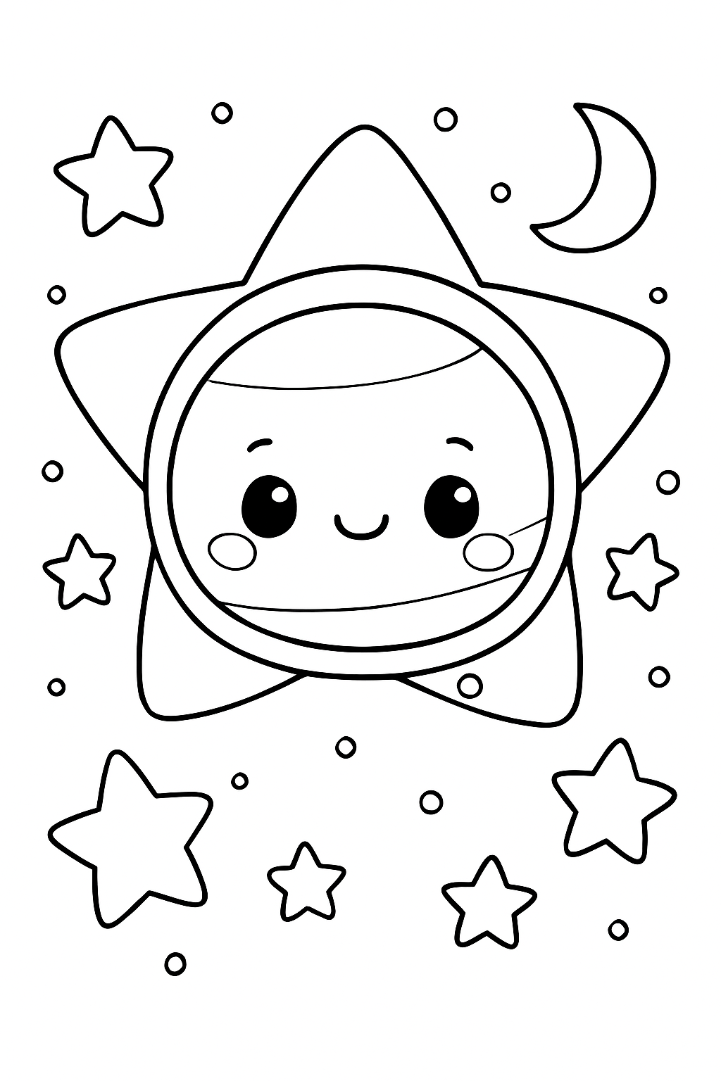 A smiling planet in an astronaut helmet on a cute planet coloring page for kids and adults.