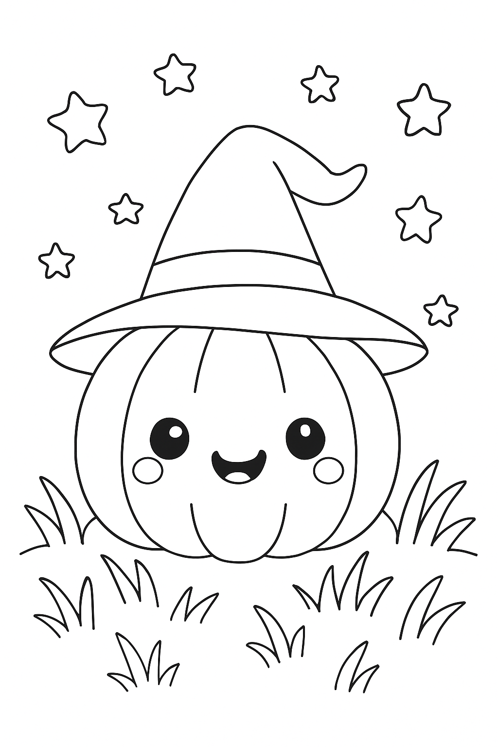 A happy kawaii pumpkin in a witch hat on a cute jack-o-lantern coloring page.
