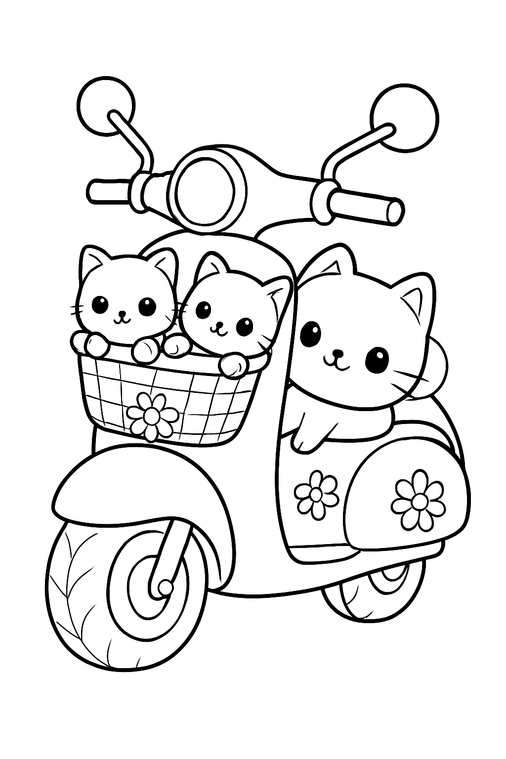 A happy kawaii scooter with a flower basket featured on a cute scooter coloring page.