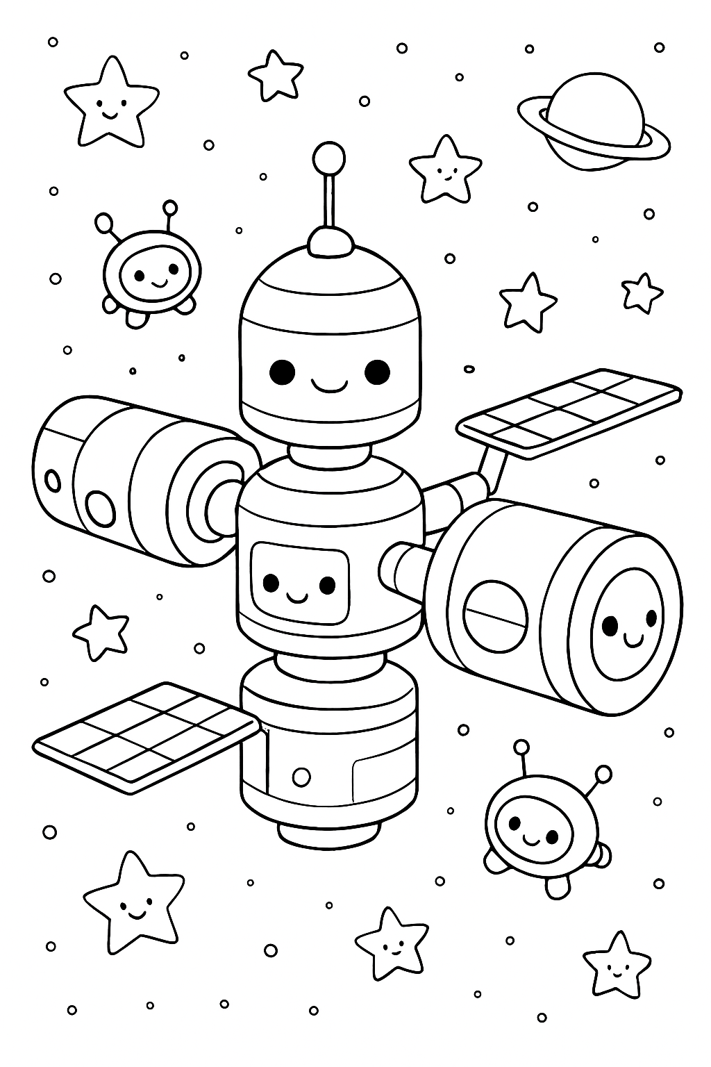 A cute kawaii space station coloring page with friendly robots and stars in outer space.