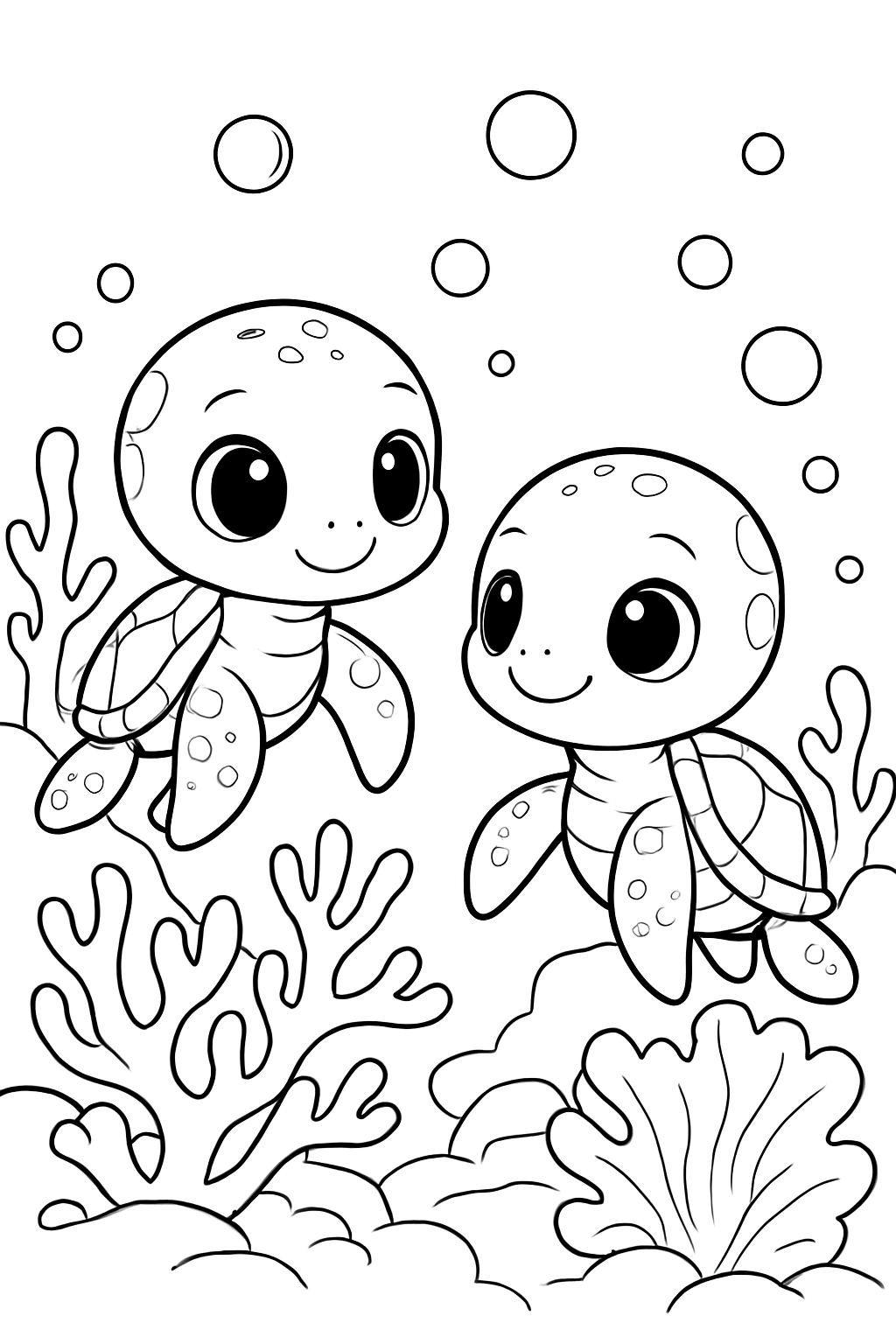 A cute baby turtle coloring page featuring two smiling turtles playing near a colorful coral reef.