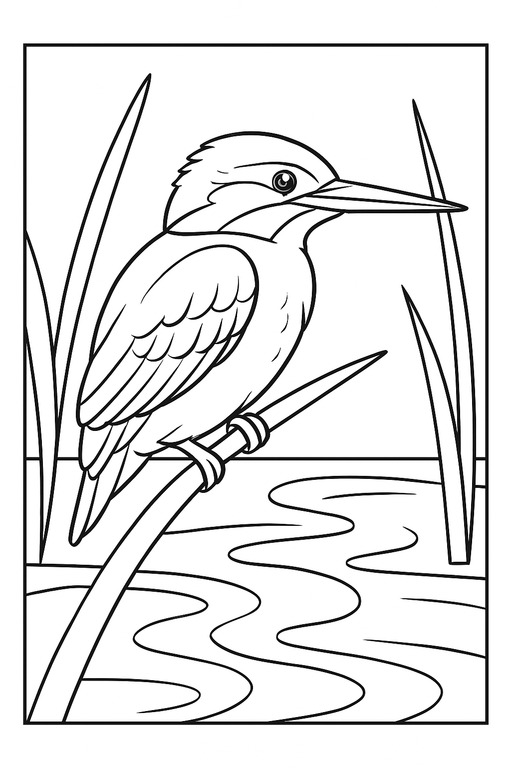 A peaceful kingfisher perched on a reed near a flowing stream in this kingfisher river coloring page.