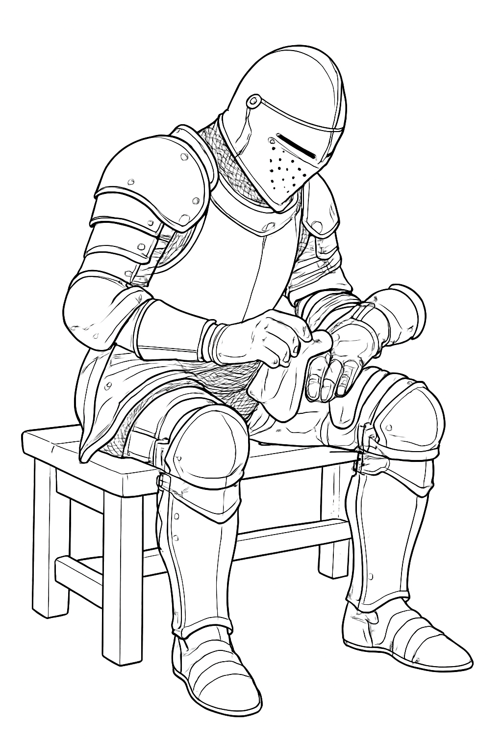Detailed knight mending armor coloring page featuring a hero polishing his metal gauntlet.