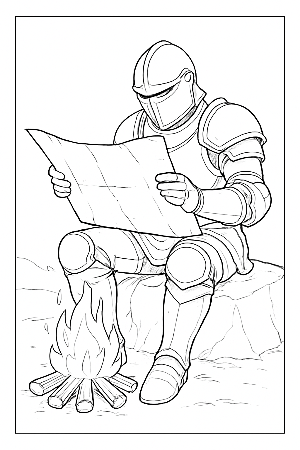 A realistic knight reading a map by a campfire in this detailed knight reading map coloring page.