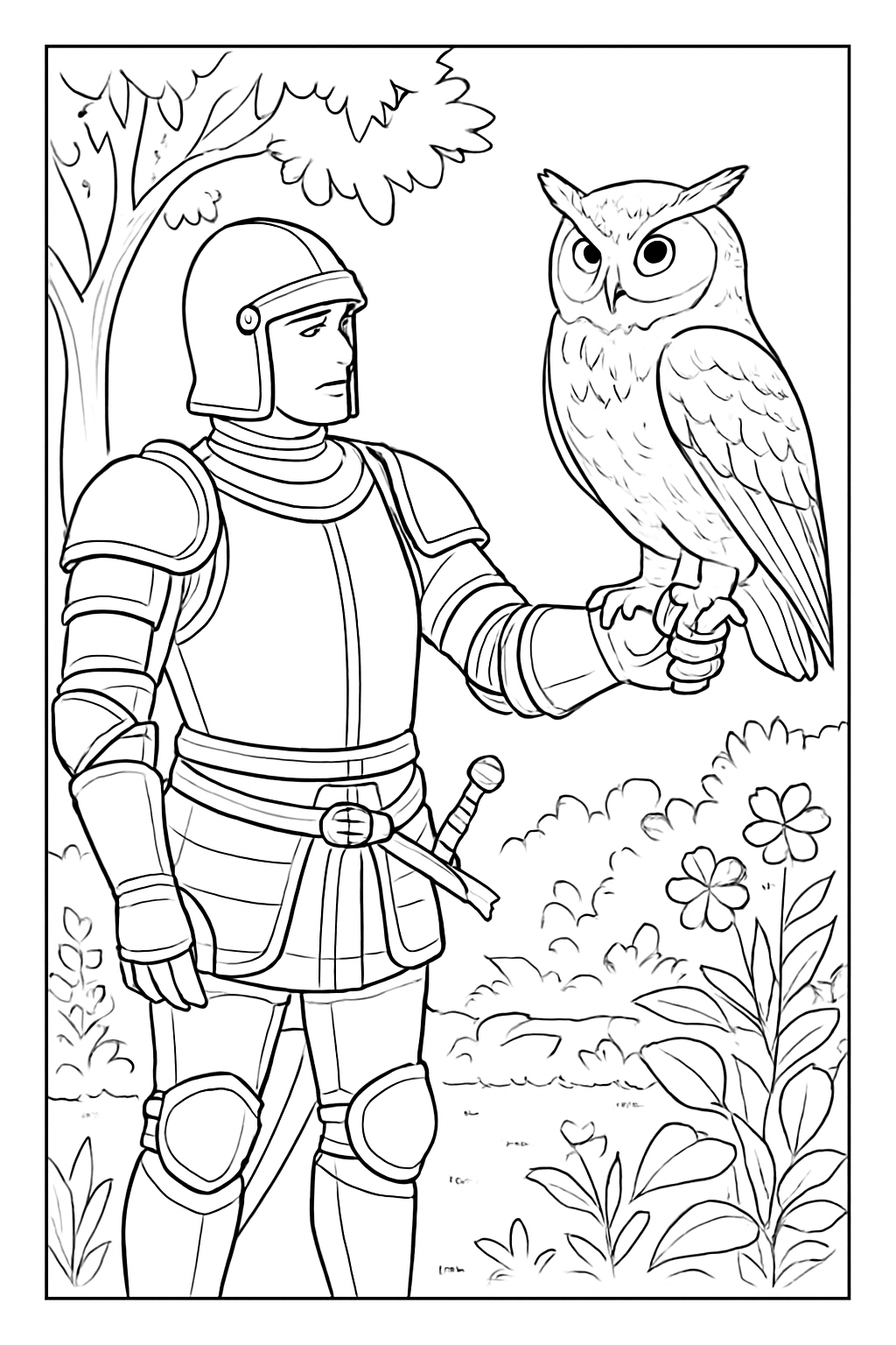 A detailed knight training owl coloring page featuring a knight and a bird in a garden setting.