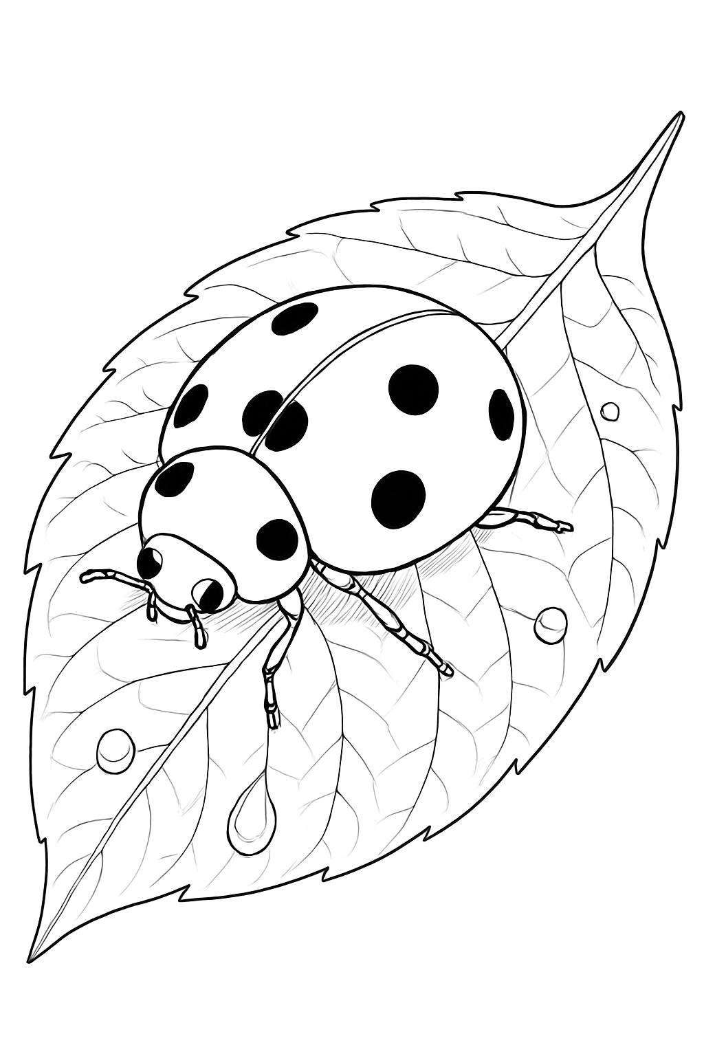 A detailed ladybug on leaf coloring page featuring realistic textures and clean lines.