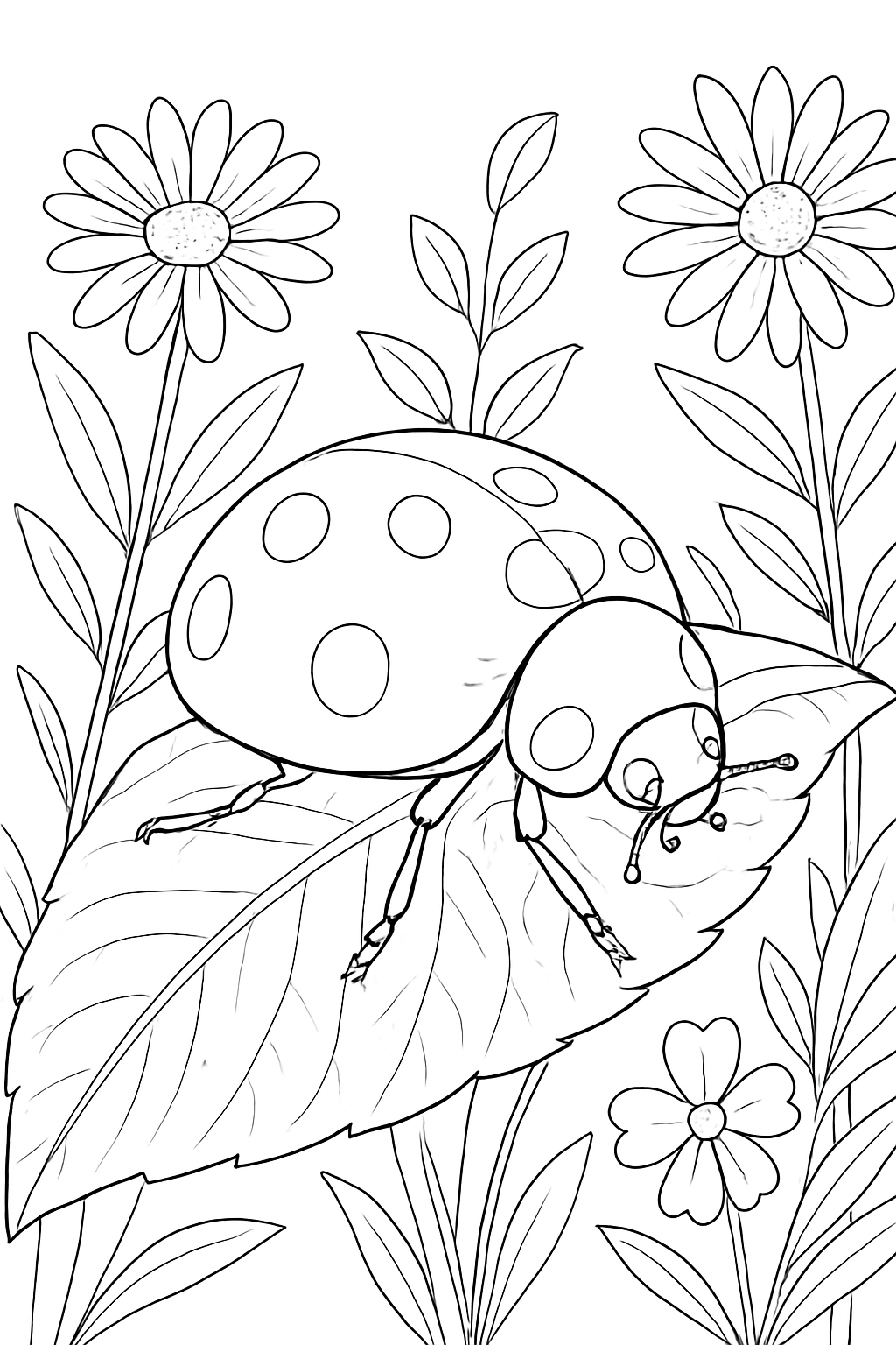 A realistic ladybug on a leaf featured on a detailed ladybug garden coloring page for kids and adults.