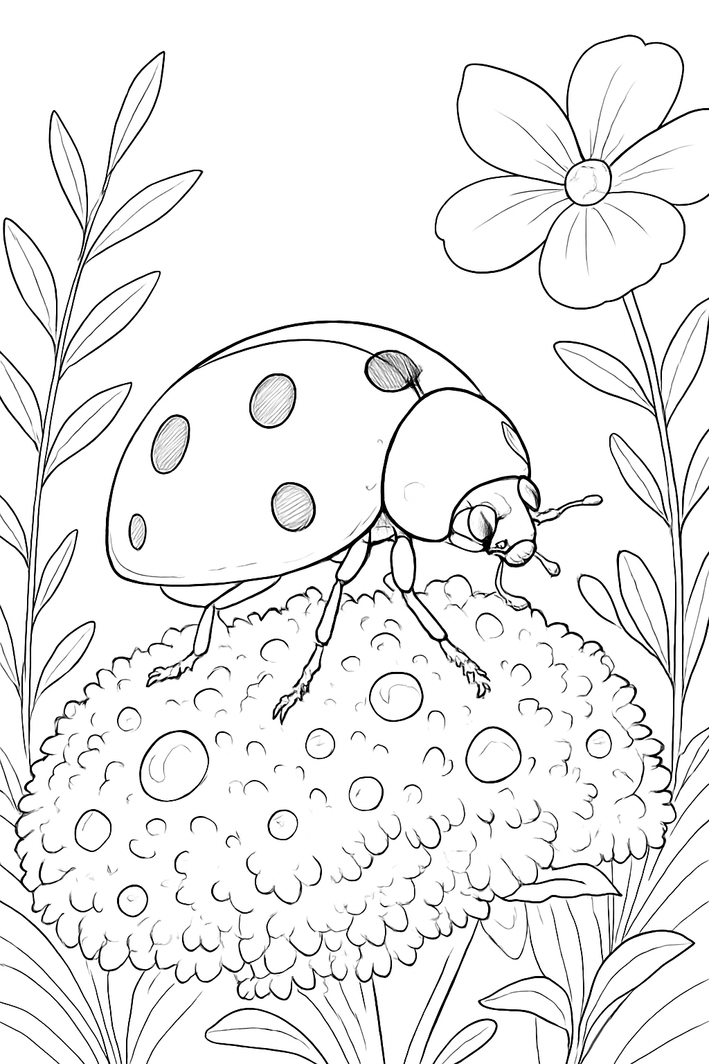 A detailed ladybug micro world coloring page showing an insect on moss with clean black and white outlines.