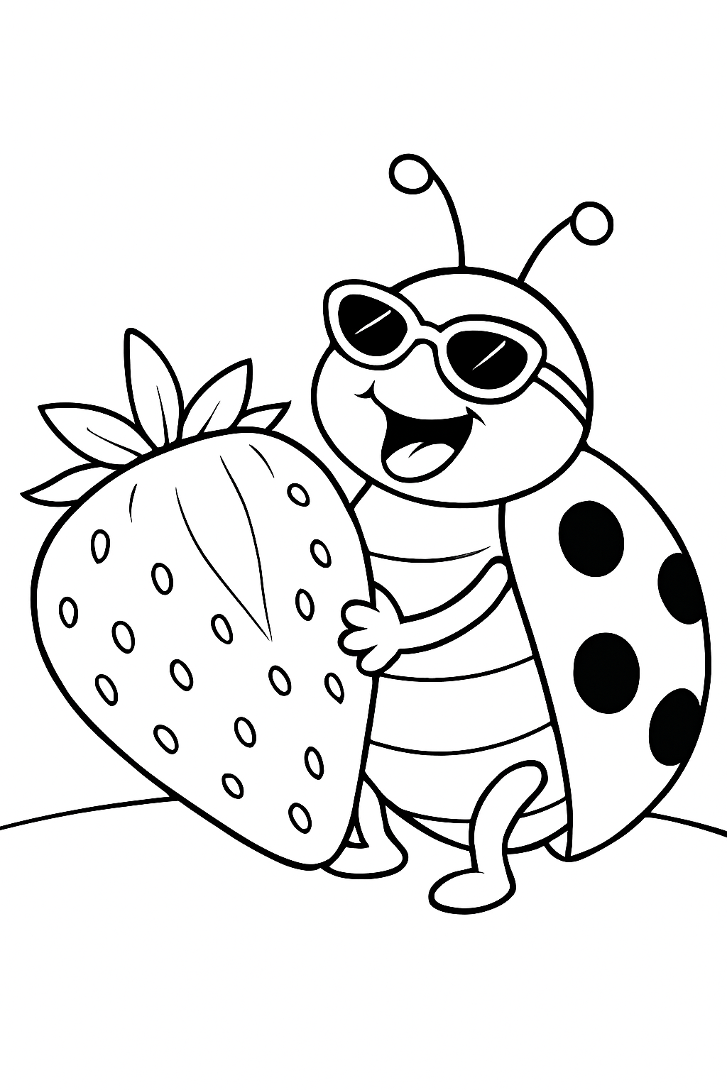 A cool ladybug wearing sunglasses eating a strawberry on this printable ladybug coloring page.