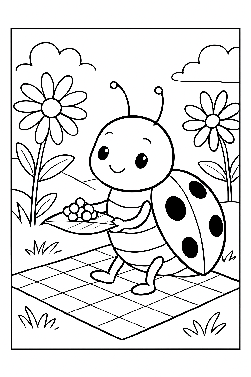 A cute ladybug preparing a snack on a leaf in this charming ladybug picnic coloring page.