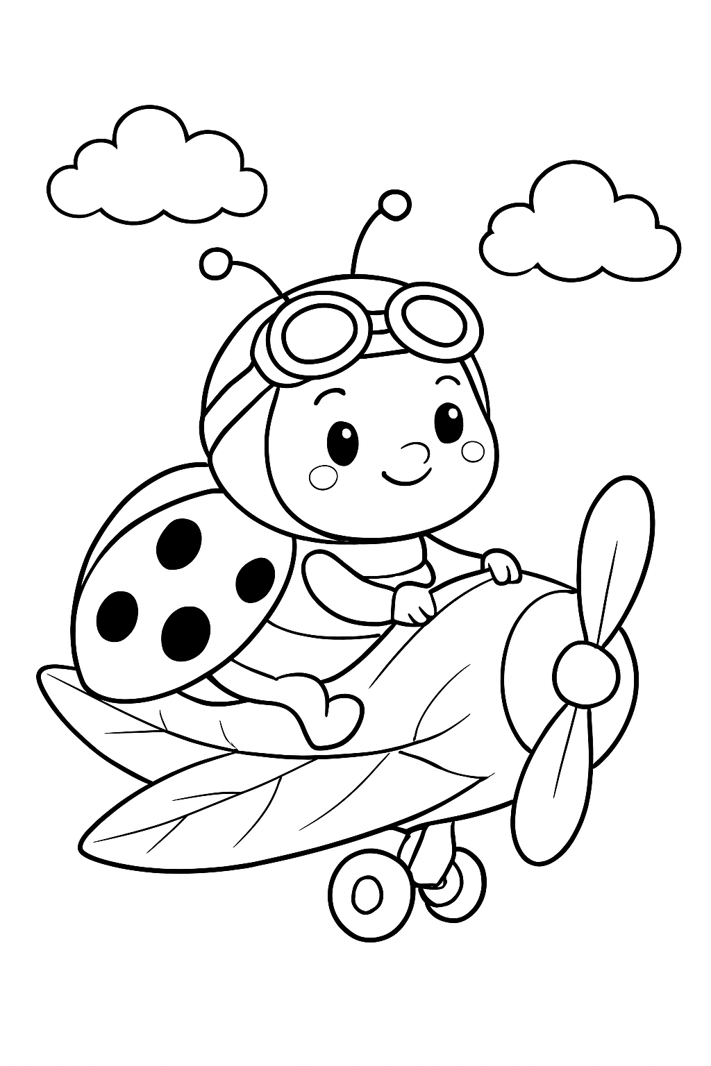 A cute ladybug pilot wearing goggles flying a leaf plane in this detailed ladybug pilot coloring page.