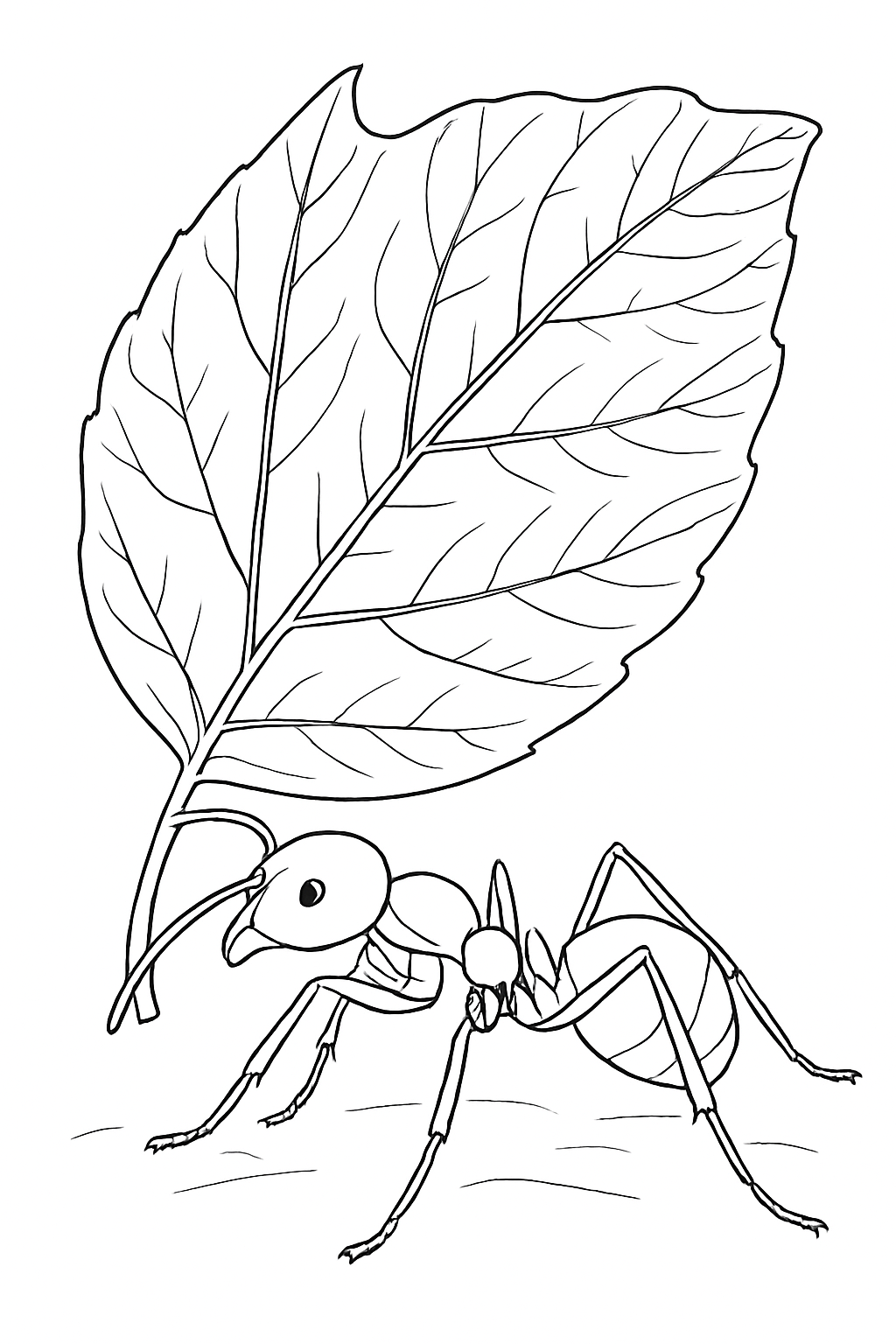 A detailed leaf cutter ant carrying a large leaf on this printable leaf cutter ant coloring page.