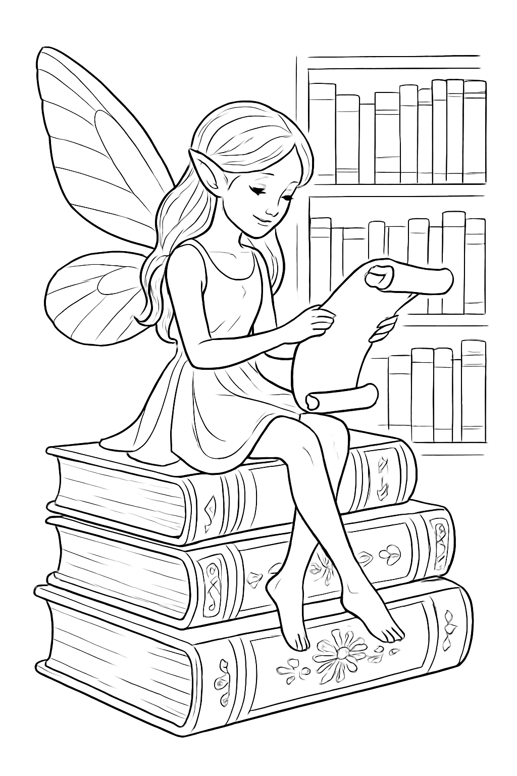 A detailed library fairy coloring page featuring a fairy reading on a stack of ancient books.