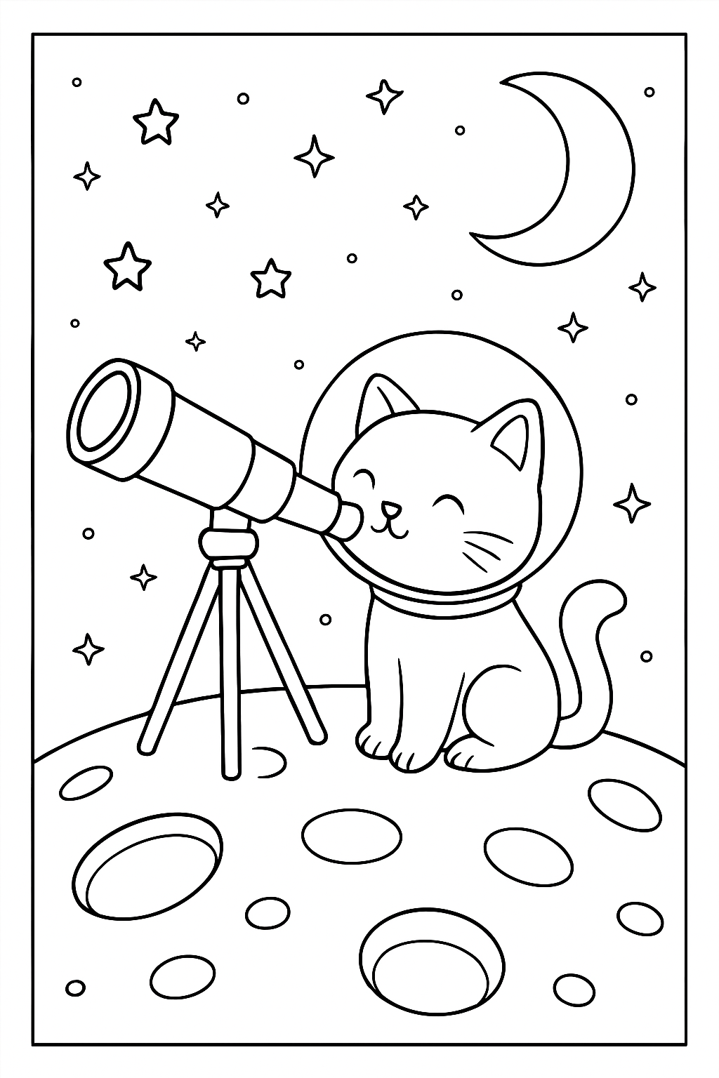 A cute cat wearing a space helmet peering through a telescope on the moon, lunar cat telescope coloring page.