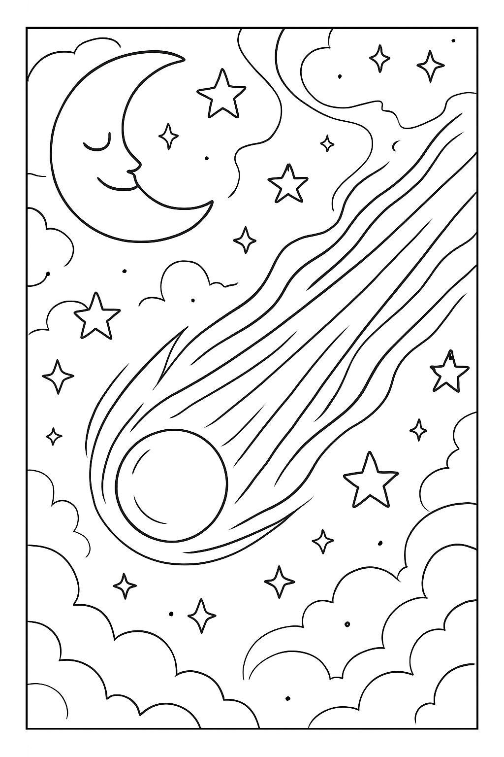 A beautiful comet flying through space on a printable comet coloring page.