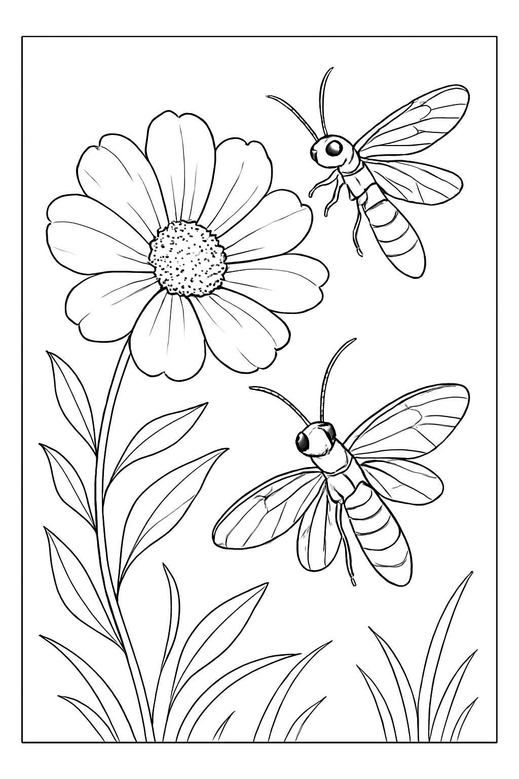 Detailed firefly coloring page featuring two realistic fireflies near wildflowers in a garden.