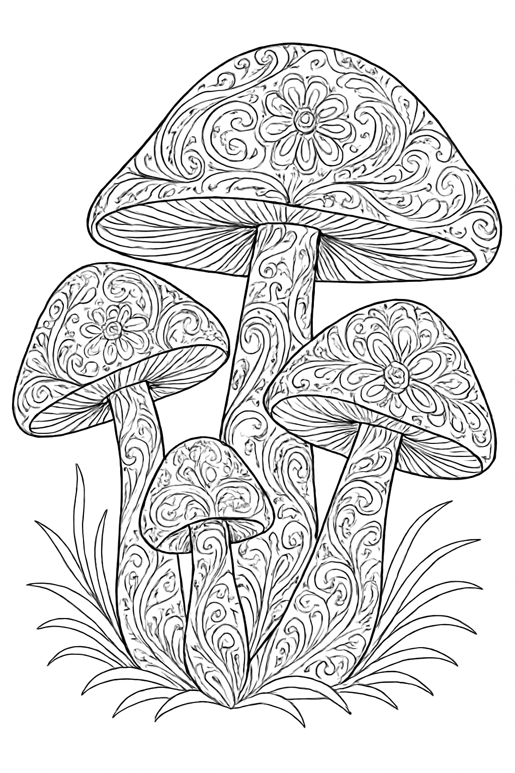 Highly detailed magical mushroom coloring page with intricate paisley and floral patterns.