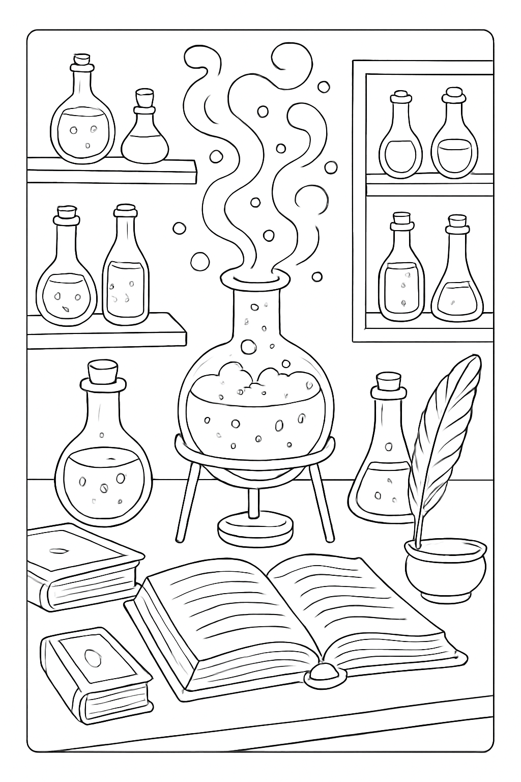 A detailed magical potion lab coloring page featuring bubbling flasks and ancient spell books on a wooden desk.