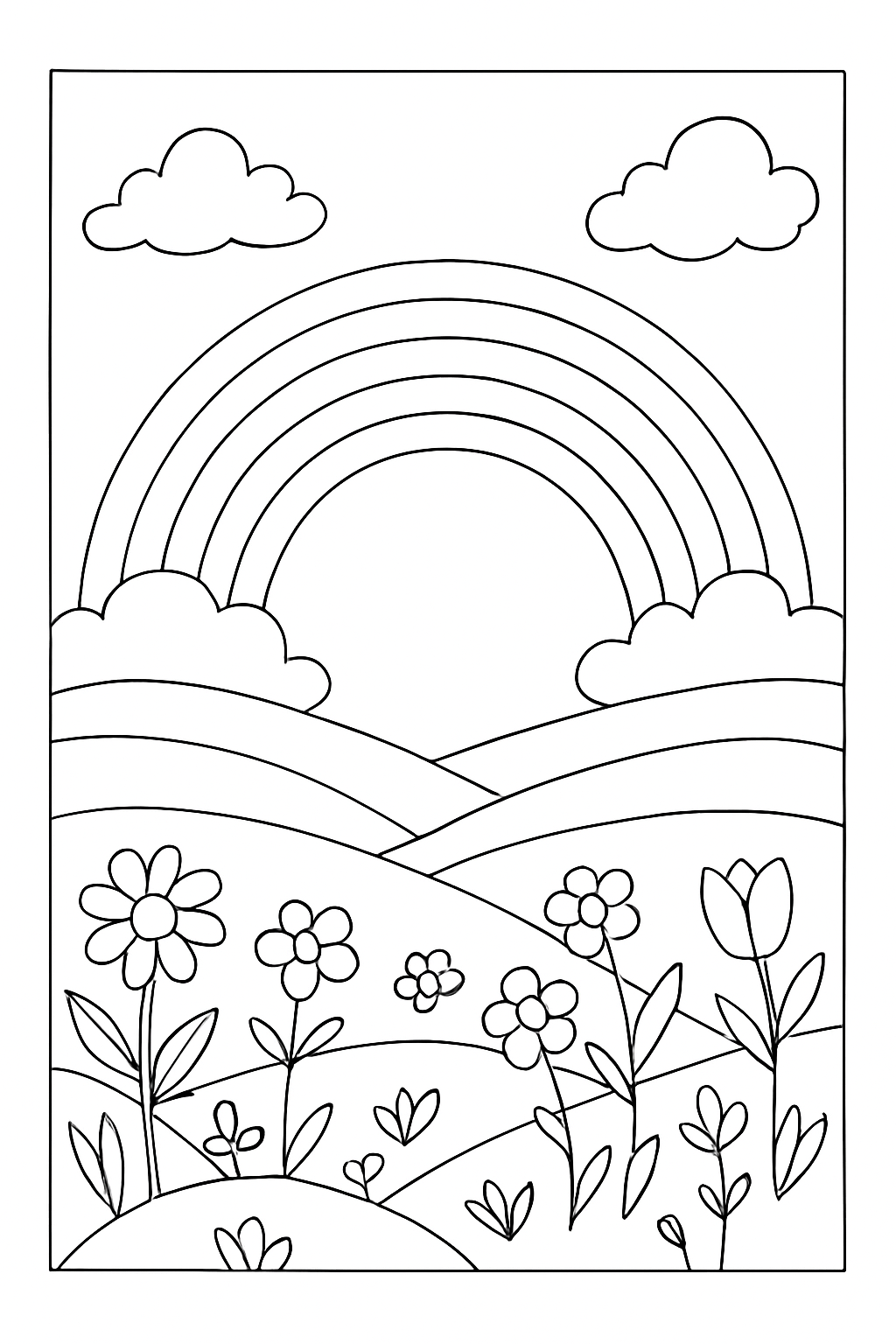 A beautiful landscape featuring a bright rainbow, perfect for a magical landscape rainbow coloring page.