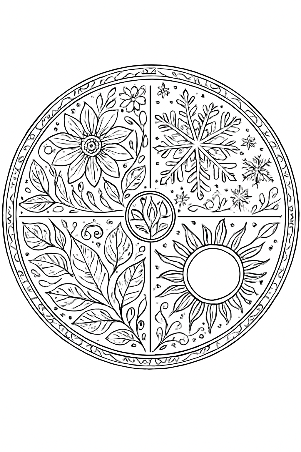 Intricate four seasons mandala coloring page featuring symbols for spring, summer, autumn, and winter.