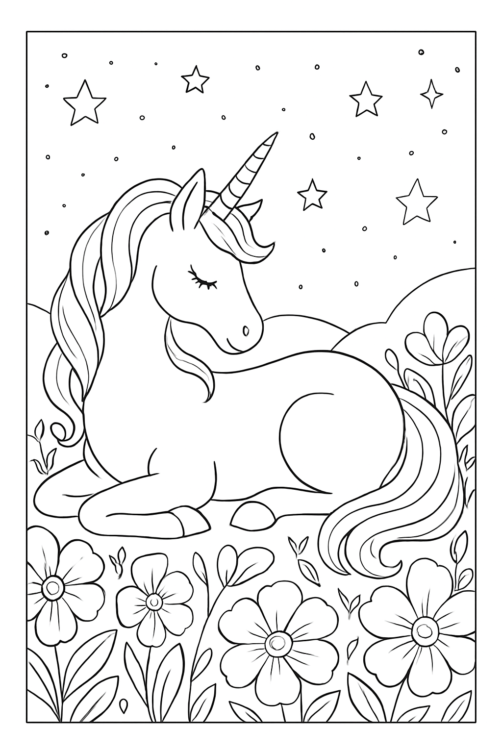 A beautiful unicorn in a flower garden on a printable unicorn coloring page.
